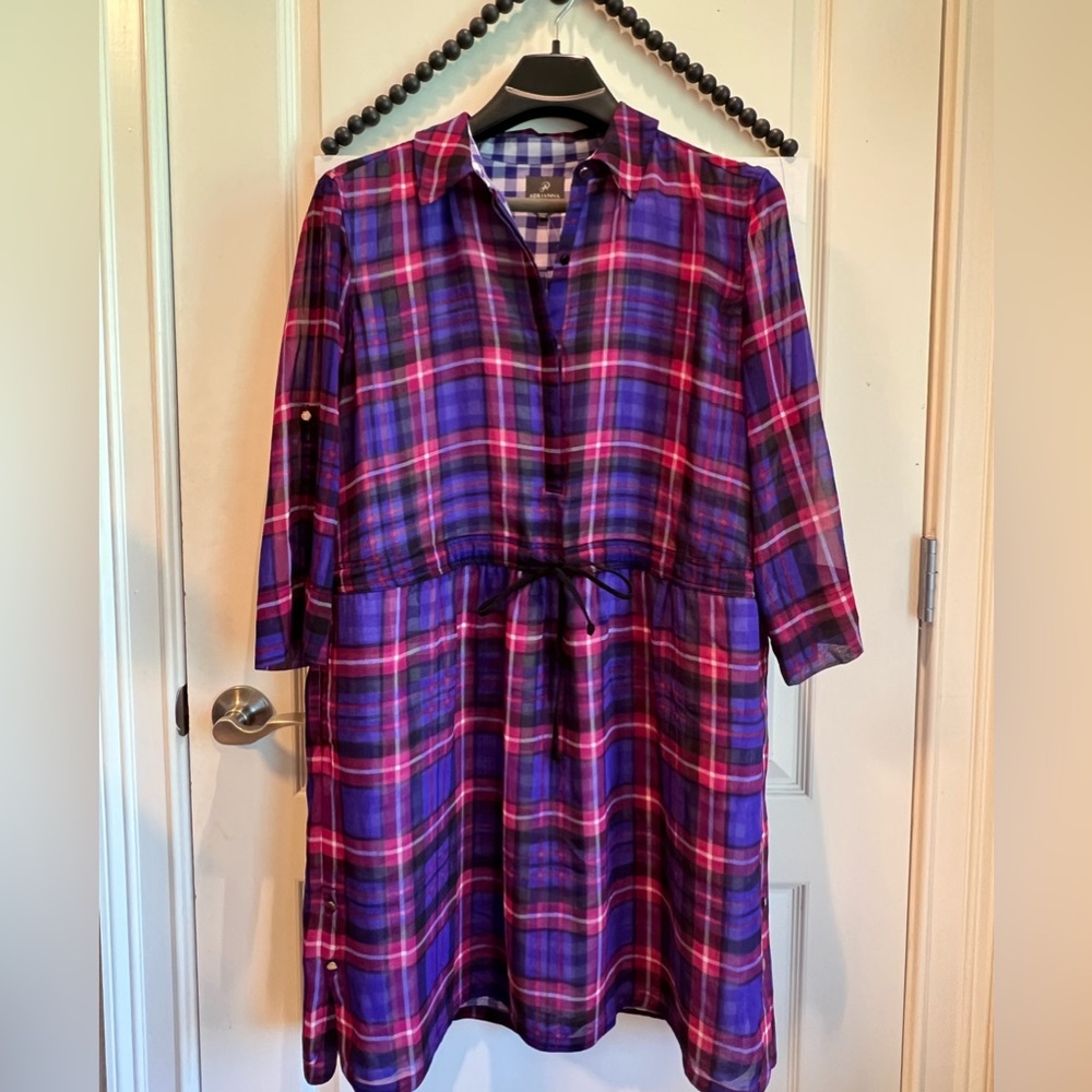 Adrianna Papell Plaid Drawstring Waist Dress Purple Blue Large 12 14 16 - Picture 3 of 14